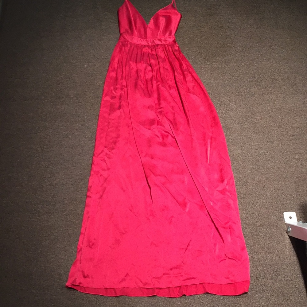 Raspberry colored spaghetti strap gown